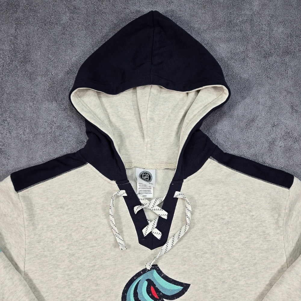 NHL Seattle Kraken Lace Up Hoodie Mens Medium Cream Blue Lacer Jersey Sweatshirt - Picture 4 of 13